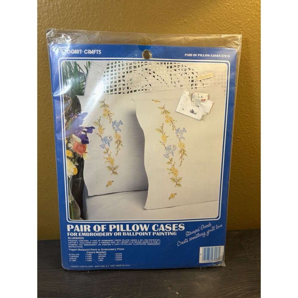 Vogart Crafts Bluebirds Pair of Pillow Cases Embroidery/Painting #8701G NIP